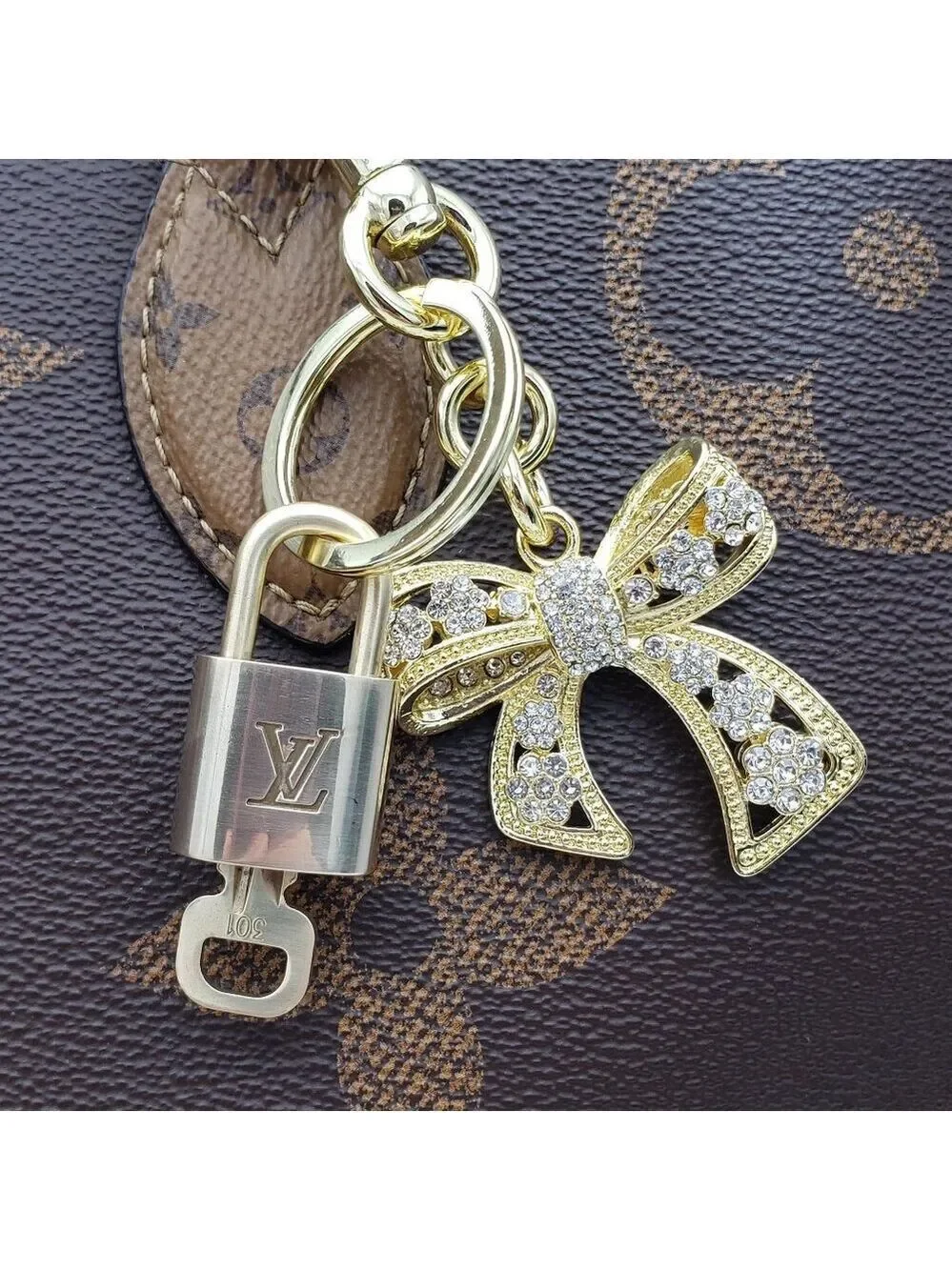 Authentic Louis Vuitton Lock & Key with Unbranded Ribbon Charm, Keychain
